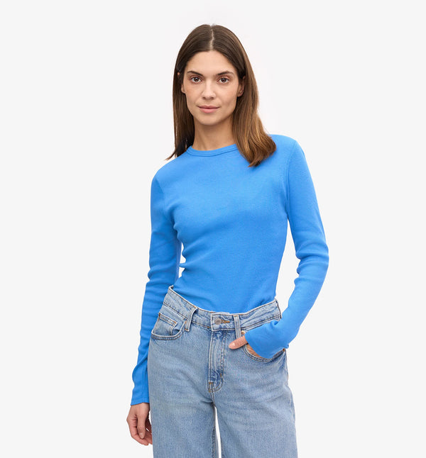 Ribbstickad långärmad t-shirt från Colorful standard i ekologisk bomull. Figurnära, lite tight modell. Förtvättad.
Färg: Stillahavsblå / Pacific blue
Material: 95 % ekologisk bomull, 5 % elastan. Vikt jersey 220g