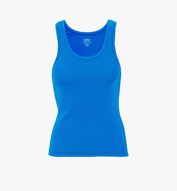 Ribbstickat linne från Colorful standard i ekologisk bomull. Figurnära, lite tight modell. Förtvättad.  Färg: Stillahavsblå/ Pacific Blue