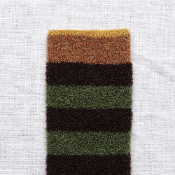 Ljuvliga ullstrumpor från franska Bonne Maison. Onesize, 36-42.&nbsp;

Färg: Randiga strumpor i svart, mörkgrönt. Kanelbrun kant och Ockrabrun tå.

Material: 62% merinoull, 37% polyamid, 1% elastan.

Skötselråd: 30 grader i ulltvätt

Tillverkad i: Portugal