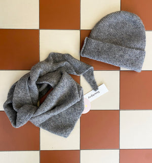 Stickad mössa i mjuk alpackablandning. Fin med scarf Liv.&nbsp;

Färg: Mörkgrå melerad

Material: 48% baby alpackaull, 20% ull, 30% polyamid, 2% elastan.