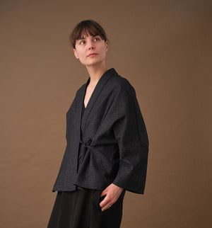 Lieblings fina kimono Margot i rak modell med omlottknyt. Lite längre bak än fram. Margot Stenhimlar är sydd i en stadig ullblandning. Tyget är ett deadstocktyg.

Färg: Svart med vita rutor

Material: 48% ull, 39% polyamid, 13% bomull