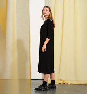 Den svarta oumbärliga! Vår egen trikåklänning Rita i ekologisk viskosjersey. Passar utmärkt att bära som den är eller under våra klänningar, skjortor och kimonos. Rak modell med smal trekvartsärm. Härlig tyngd i tyget. Helt enkelt klänningen du vill ha till allt!&nbsp;

Färg: Svart

Material: 90% ekologisk viskos, 10% elastan. Stickat i Litauen.

Skötselråd: 30° fintvätt. Använd gärna ett skonsamt, flytande tvättmedel.

Tillverkad i:&nbsp;Litauen
Designad i:&nbsp;Malmö