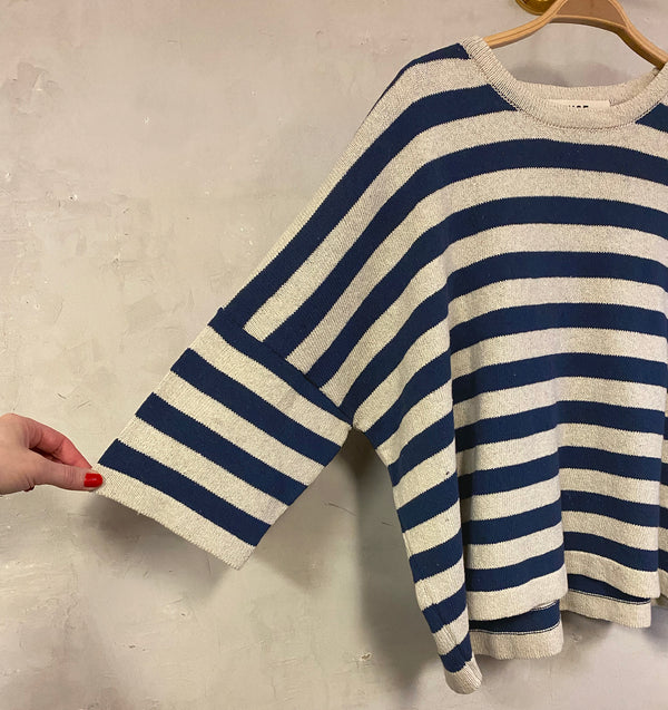 Vibe från danska Muse Wear är en härlig randig stickad tröja i oversize kort modell. Onesize.

Färg: Mörkblå, naturvit

Material: 95 % bomull (62-75 % återvunnen),&nbsp;5% Övriga fibrer.&nbsp;Garnet är GRS-certifierat och tillverkat i Italien.

Skötselråd:&nbsp;Handtvätt

Stickad i: Grekland

Designad i: Thy, Danmark